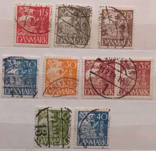 Denmark - 1927 and 33-40 - Definitive: Caravel - 9 Used (some Hinged) stamps