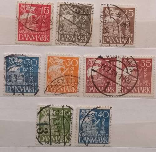 Denmark - 1927 and 33-40 - Definitive: Caravel - 9 Used (some Hinged) stamps