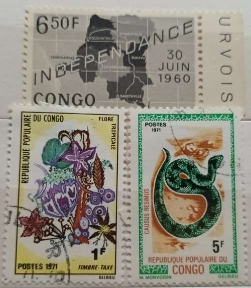 Congo - 1960 Independence /1971 Tropical Flowers /1971 Reptiles - 2 Used and 1 Unused Hinged stamps