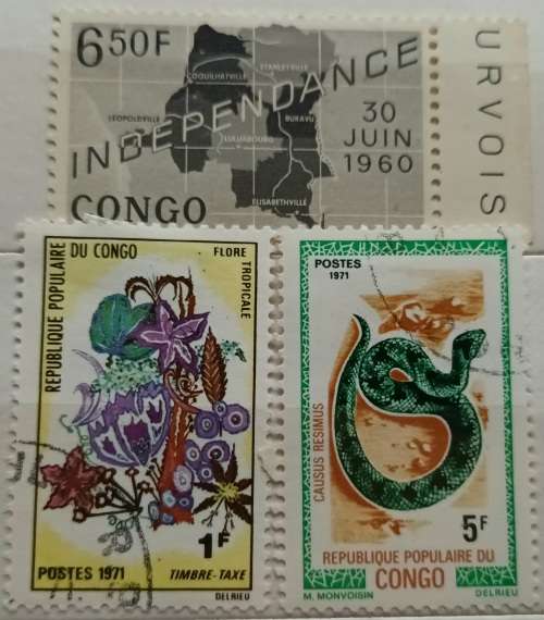 Congo - 1960 Independence /1971 Tropical Flowers /1971 Reptiles - 2 Used and 1 Unused Hinged stamps