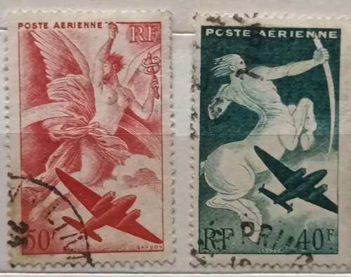 France - 1946/7 - Mythology-themed - 2 Used Hinged Airmail stamps
