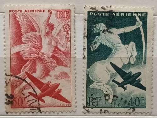 France - 1946/7 - Mythology-themed - 2 Used Hinged Airmail stamps