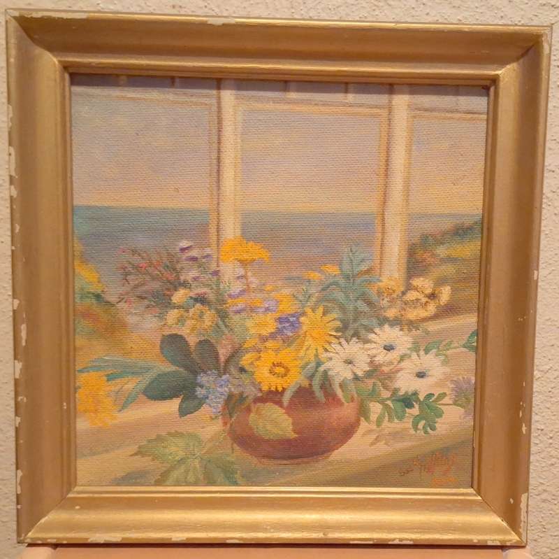 Framed Oil on Board of Bowl of Flowers in Window