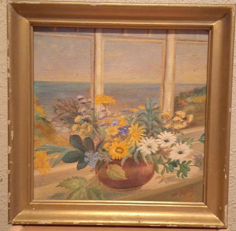 Framed Oil on Board of Bowl of Flowers in Window