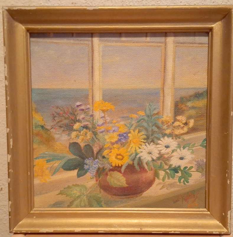 Framed Oil on Board of Bowl of Flowers in Window
