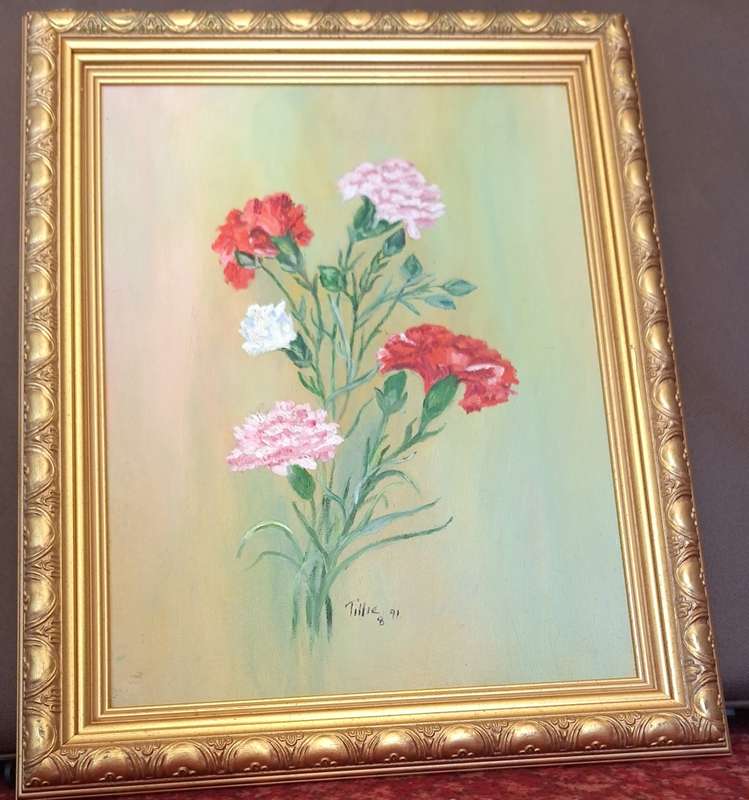 Framed Oil on Board of Carnations by Tillie