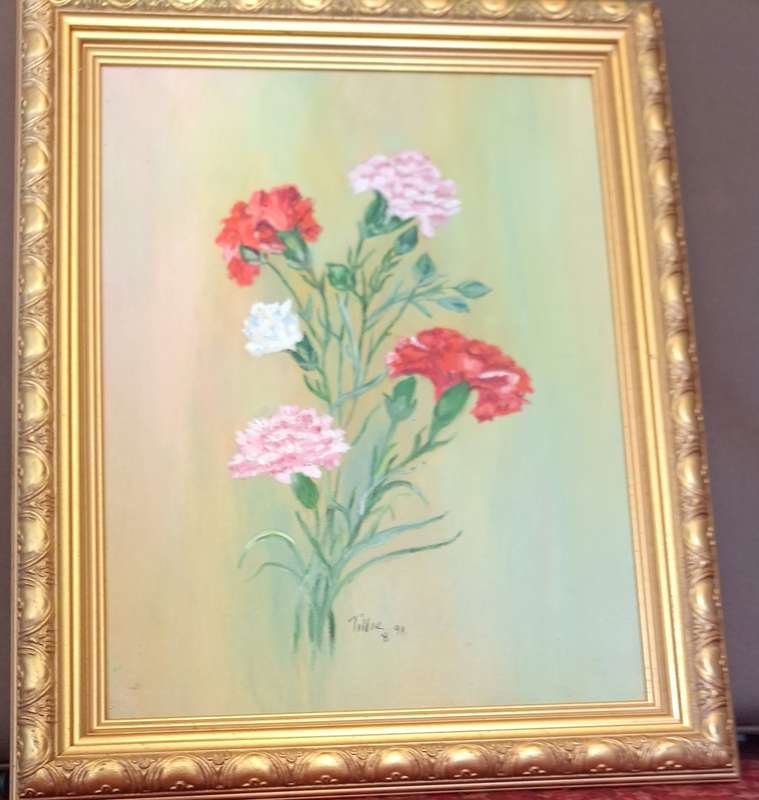 Framed Oil on Board of Carnations by Tillie