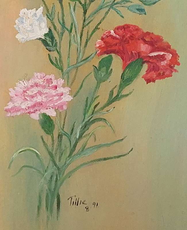 Framed Oil on Board of Carnations by Tillie