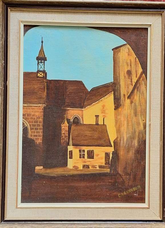 Framed Oil on Board of Buildings by C Leenheer