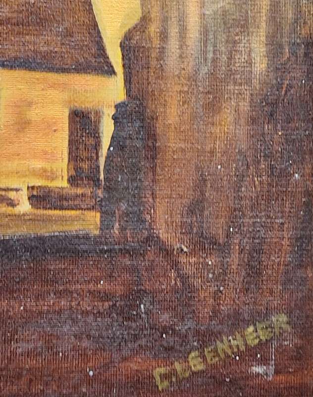 Framed Oil on Board of Buildings by C Leenheer