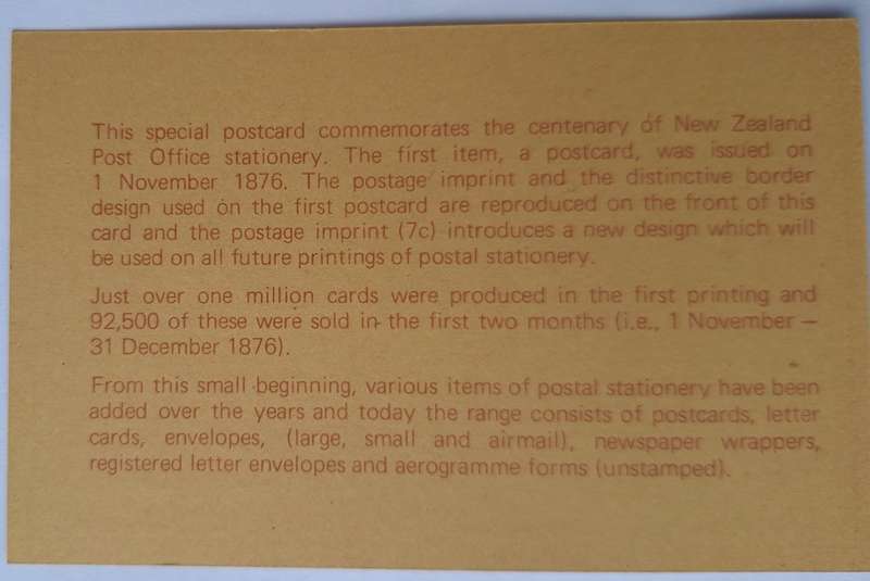 New Zealand Inland Post Card 1976 to Commemorate Issue of First Post Card in 1876