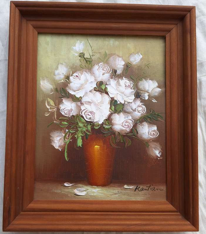 Framed Oil on Board of Vase of White Roses by Kantian