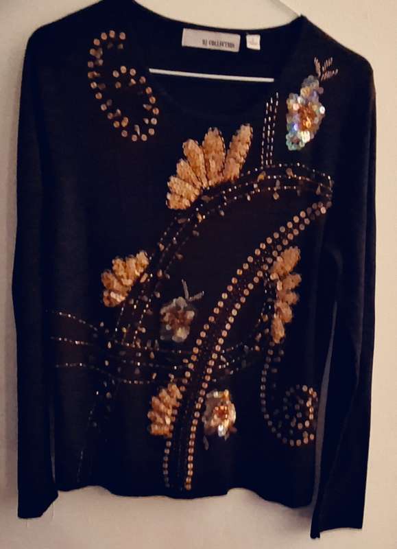 RJ Collection Ladies Dark Brown Long Sleeve Top with sequins, beads and tiger eye