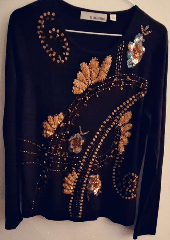 RJ Collection Ladies Dark Brown Long Sleeve Top with sequins, beads and tiger eye