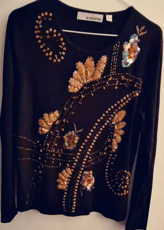 RJ Collection Ladies Dark Brown Long Sleeve Top with sequins, beads and tiger eye