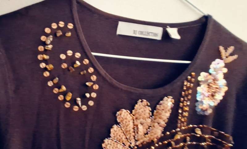 RJ Collection Ladies Dark Brown Long Sleeve Top with sequins, beads and tiger eye