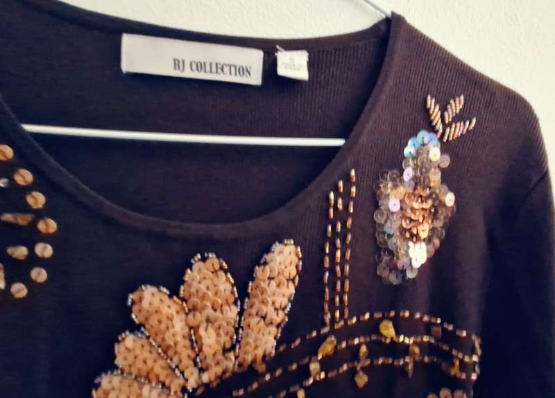RJ Collection Ladies Dark Brown Long Sleeve Top with sequins, beads and tiger eye