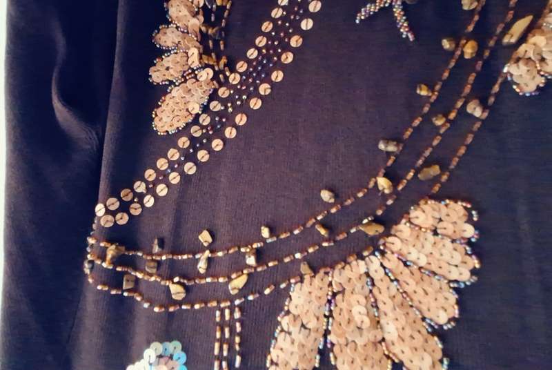RJ Collection Ladies Dark Brown Long Sleeve Top with sequins, beads and tiger eye