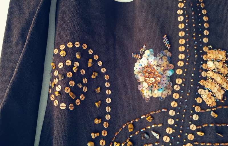 RJ Collection Ladies Dark Brown Long Sleeve Top with sequins, beads and tiger eye