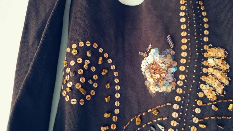 RJ Collection Ladies Dark Brown Long Sleeve Top with sequins, beads and tiger eye