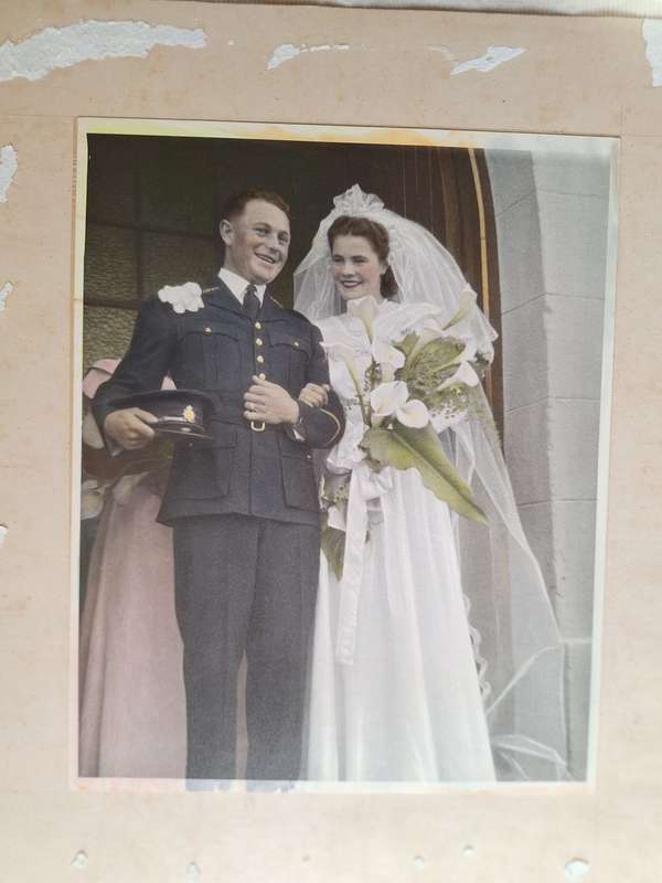 Vintage Unframed Wedding Photo Black & White with colour added