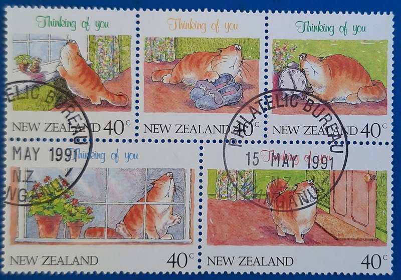 New Zealand 1991 Greetings Thinking of you Booklet Pane of 5 Used Stamps