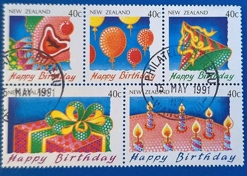 New Zealand 1991 Greetings Happy Birthday Booklet Pane of 5 Used Stamps on Paper