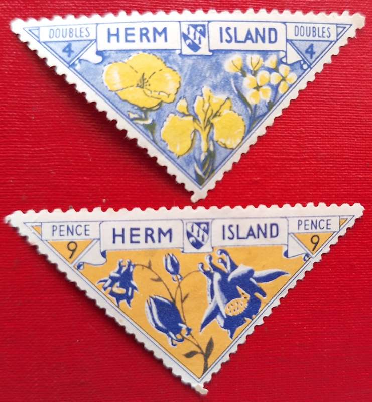 Herm Island 1954 2 Unused Triangular Cinderella Stamps