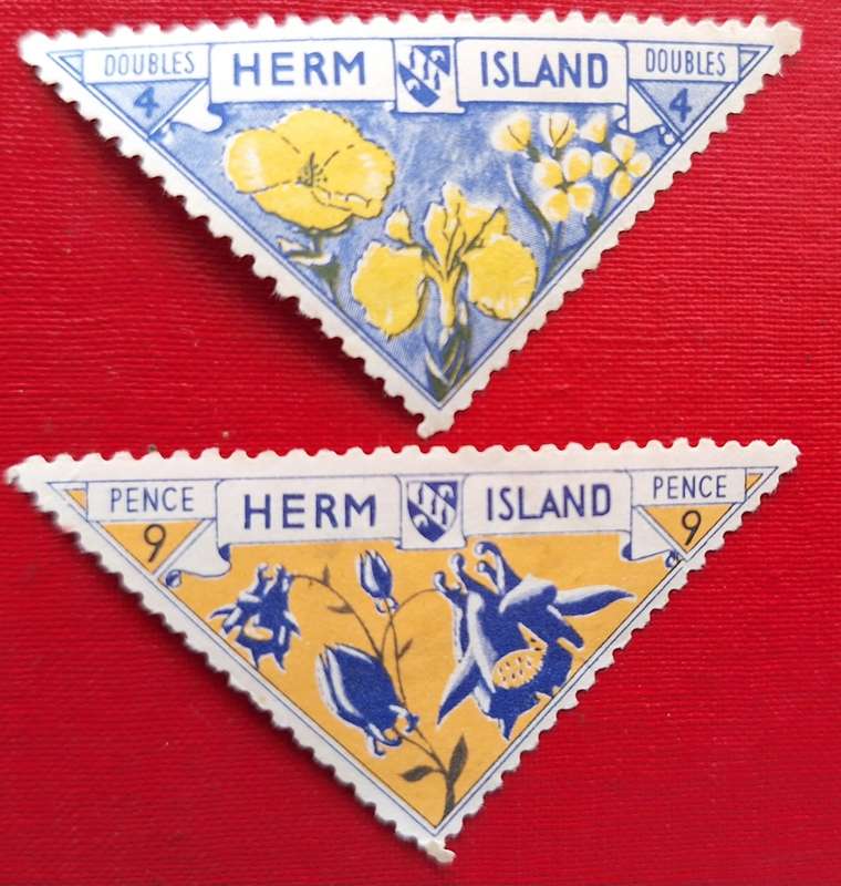 Herm Island 1954 2 Unused Triangular Cinderella Stamps