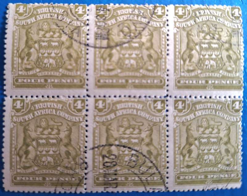 British South Africa Company 1898-1908 Defin Issue Block of 6 Used Olive 4d stamps