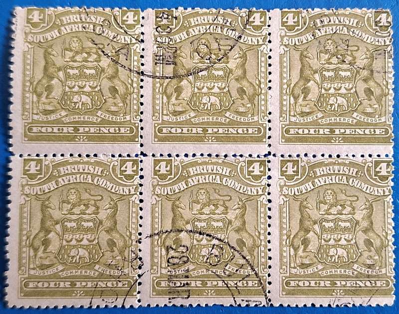 British South Africa Company 1898-1908 Defin Issue Block of 6 Used Olive 4d stamps