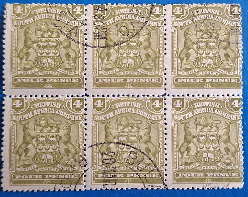 British South Africa Company 1898-1908 Defin Issue Block of 6 Used Olive 4d stamps
