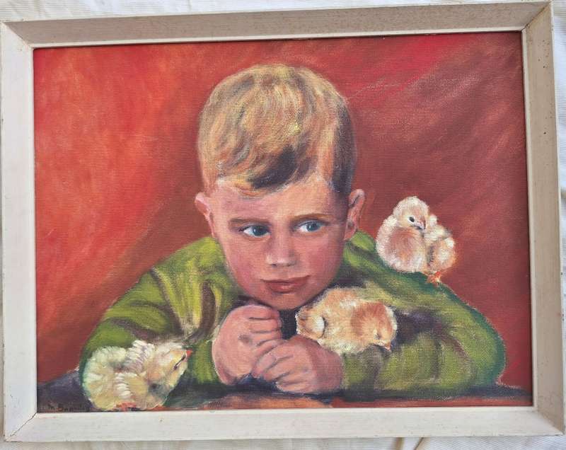 Framed Oil on Board of Boy with Chickens