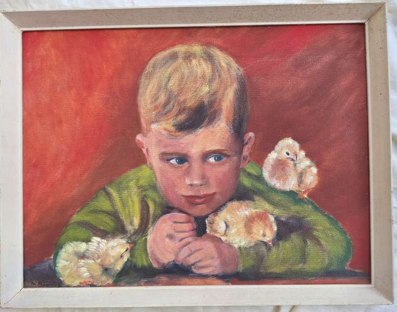 Framed Oil on Board of Boy with Chickens