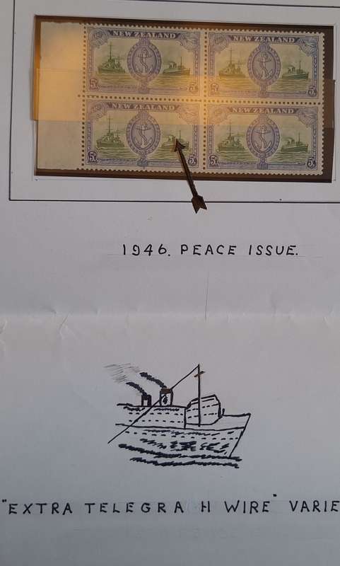 New Zealand 1946 Peace Issue 5d Block of 4 Mint stamps Extra Telegraph Wire Variety