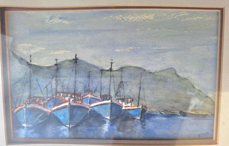 Framed Watercolour of Boats at Anchor