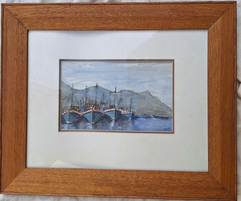 Framed Watercolour of Boats at Anchor
