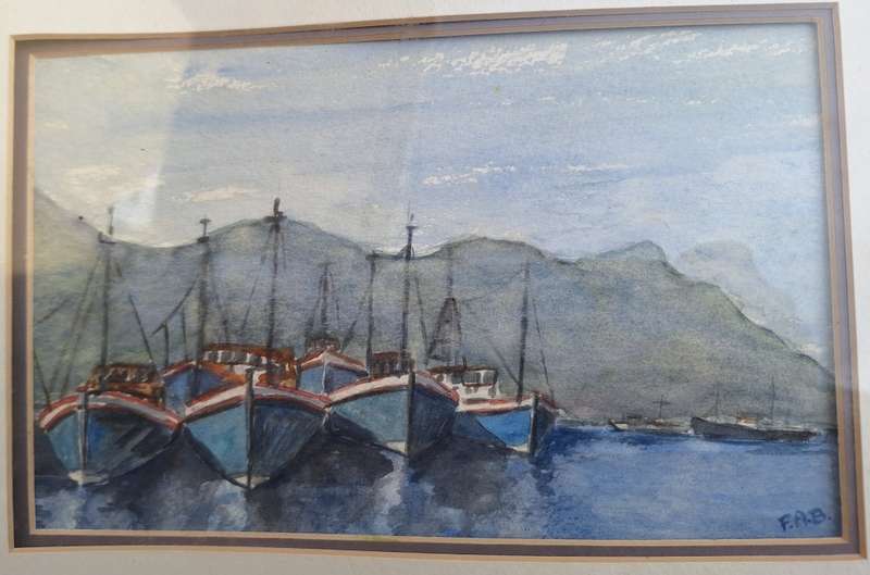 Framed Watercolour of Boats at Anchor