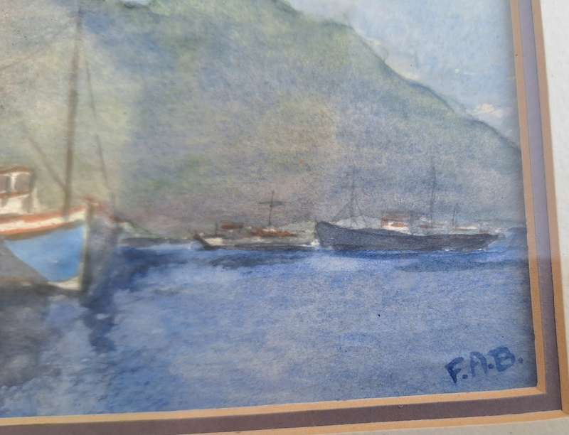 Framed Watercolour of Boats at Anchor