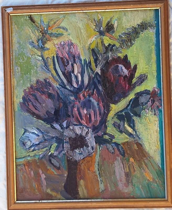 Framed Oil on Board of Proteas in a Vase
