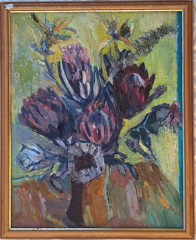 Framed Oil on Board of Proteas in a Vase