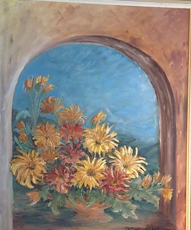 Framed Oil on Board of Flowers in Arch by Camilla Blake