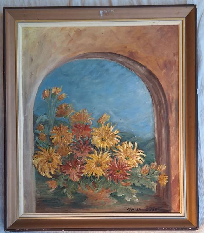 Framed Oil on Board of Flowers in Arch by Camilla Blake