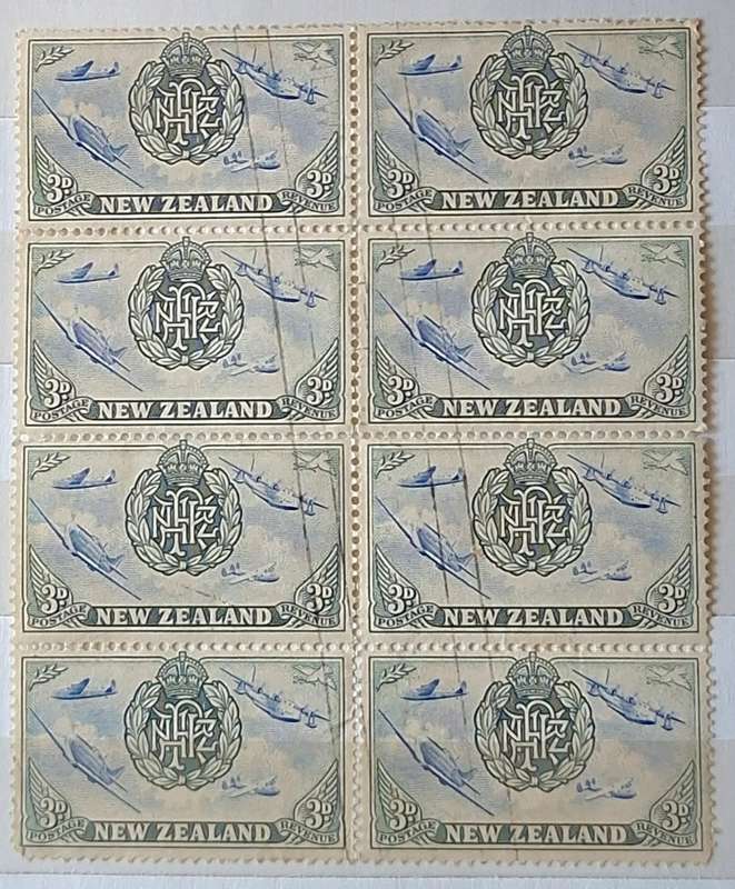 New Zealand 1946 Peace Issue 3d Block of 8 Used Hinged stamps