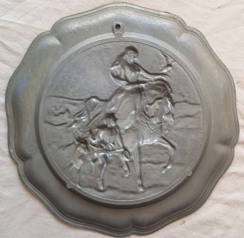 Vintage European Pewter Wall Plate with Woman on Horse