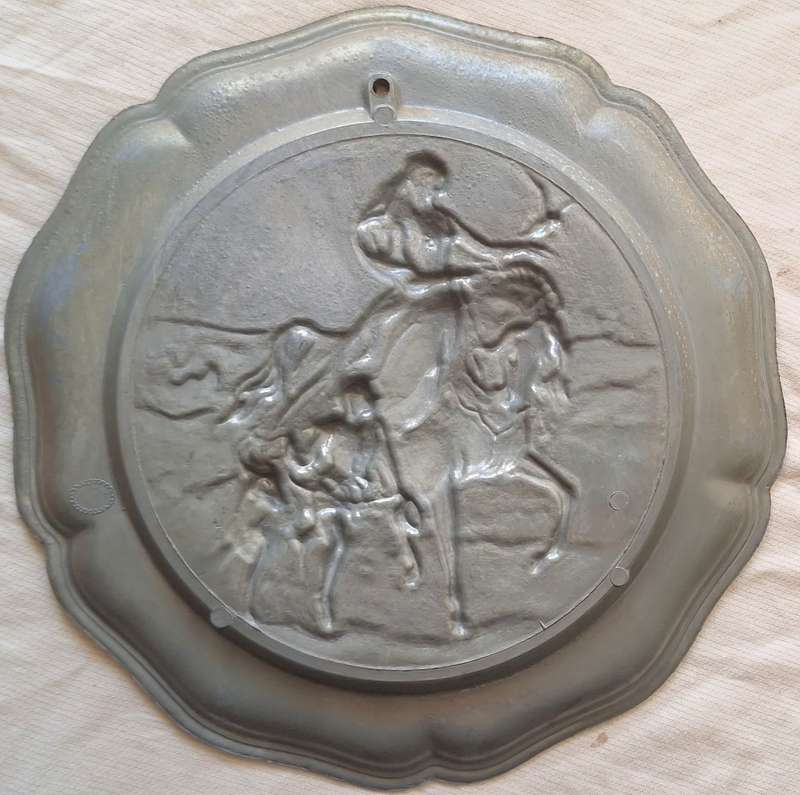 Vintage European Pewter Wall Plate with Woman on Horse