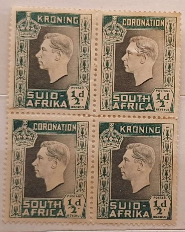 Union of South Africa 1937 Coronation Block of 4 Unused 1/2d stamps