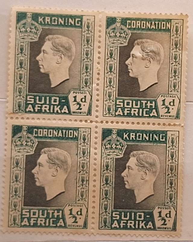 Union of South Africa 1937 Coronation Block of 4 Unused 1/2d stamps