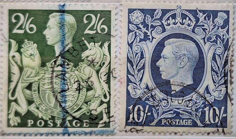 GB 1939 George VI 2 Used stamps 2/6 and 10 Shilling