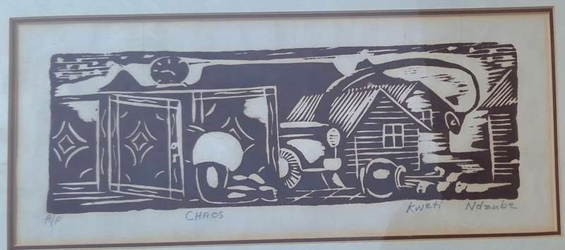 Framed Linocut Chaos by Kweti Ndzube